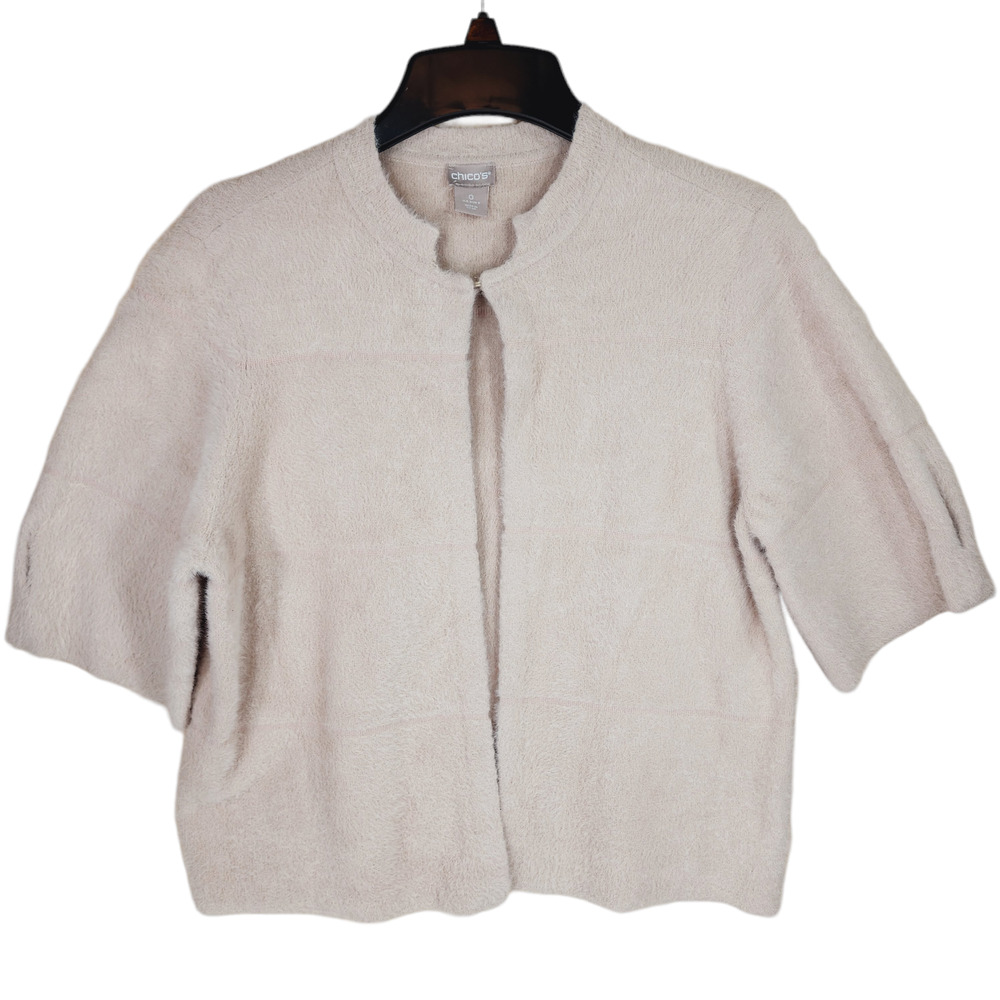 Chicos Furry‎ Sweater Cardigan 0 S/4 Women Cream Open Front Eyelash Short Sleeve